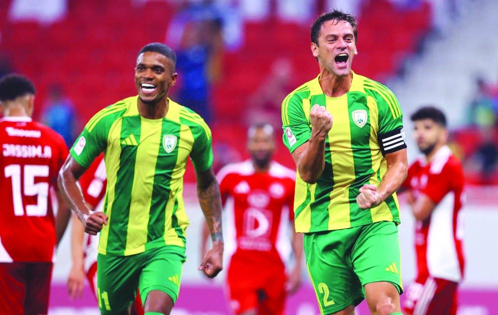 Al Wakrah’s Lucas Mendes (right) celebrates after scoring against Al Arabi at the Al Thumama Stadium on Saturday. The match ended in a 1-1 draw.
