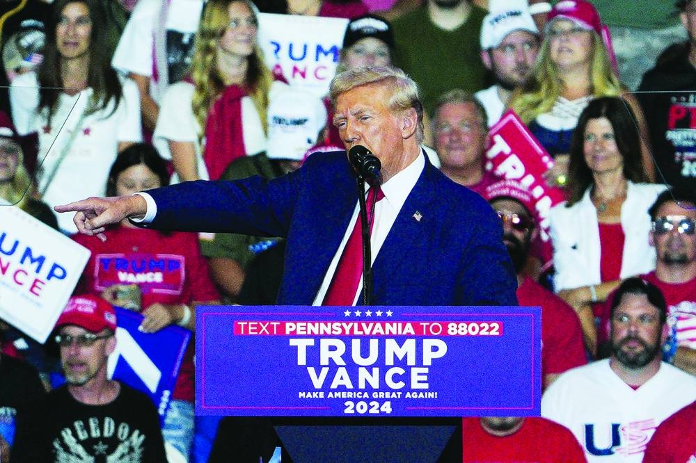 
Trump gestures during a campaign rally in Wilkes-Barre, Pennsylvania. – Reuters 