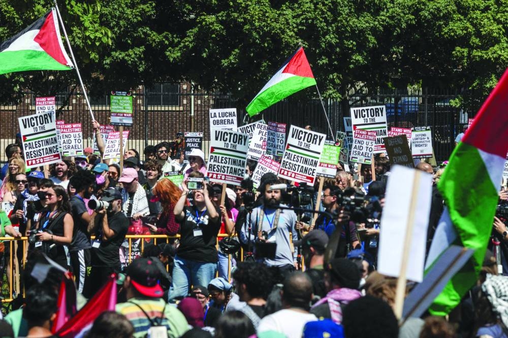 Pro-Palestine protesters in Union Park prepare to march before the start of the Democratic National Convention (DNC) in Chicago, Illinois, on Monday 