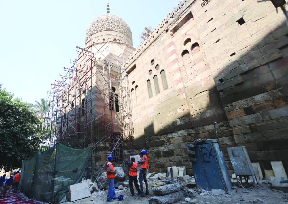 A general view of the restoration project site of the historical Islamic Mosque and school next to Bimaristan Al-Muayyad Sheikh, one of the oldest hospitals following extensive renovations carried out in partnership between Egypt's Tourism and Antiquities Ministry and the United States Agency for International Development (USAID), ensuring sustainable management of historic sites at Souk al-Silah district in Old Cairo.