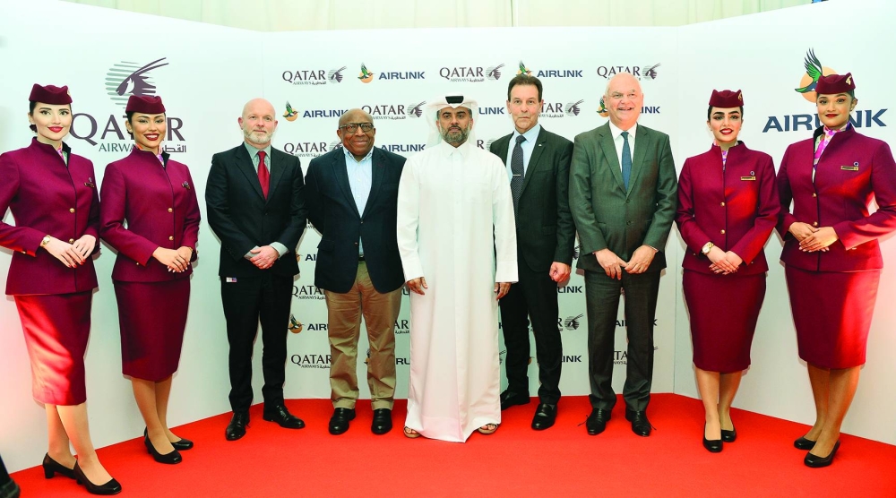 Qatar Airways Group Chief Executive Officer Badr Mohamed al-Meer and Airlink Chief Executive Rodger Foster with top executives of the two airlines in Doha on Tuesday. PICTURES: Shaji Kayamkulam