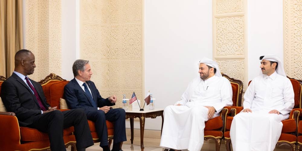 HE the Minister of State at the Ministry of Foreign Affairs, Dr Mohammed bin Abdulaziz bin Saleh al- Khulaifi met Tuesday in Doha with Secretary of State of the United States of America Antony Blinken.