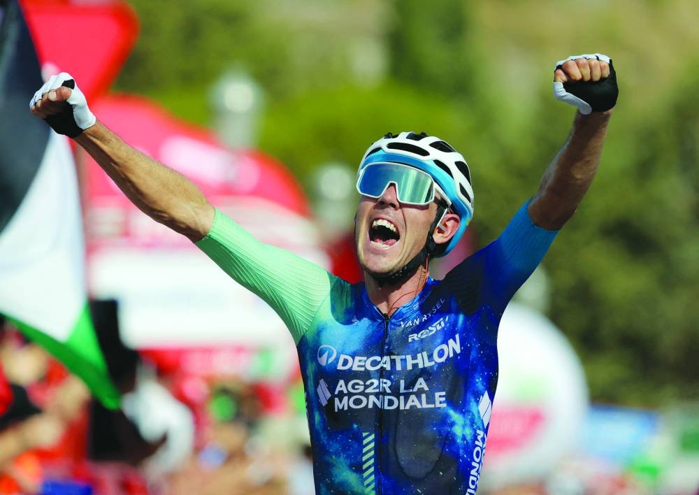 Decathlon AG2R La Mondiale Team’s Ben O’connor celebrates winning Stage 6 of Vuelta a Espana in Yunquera, Spain, on Thursday. (Reuters)