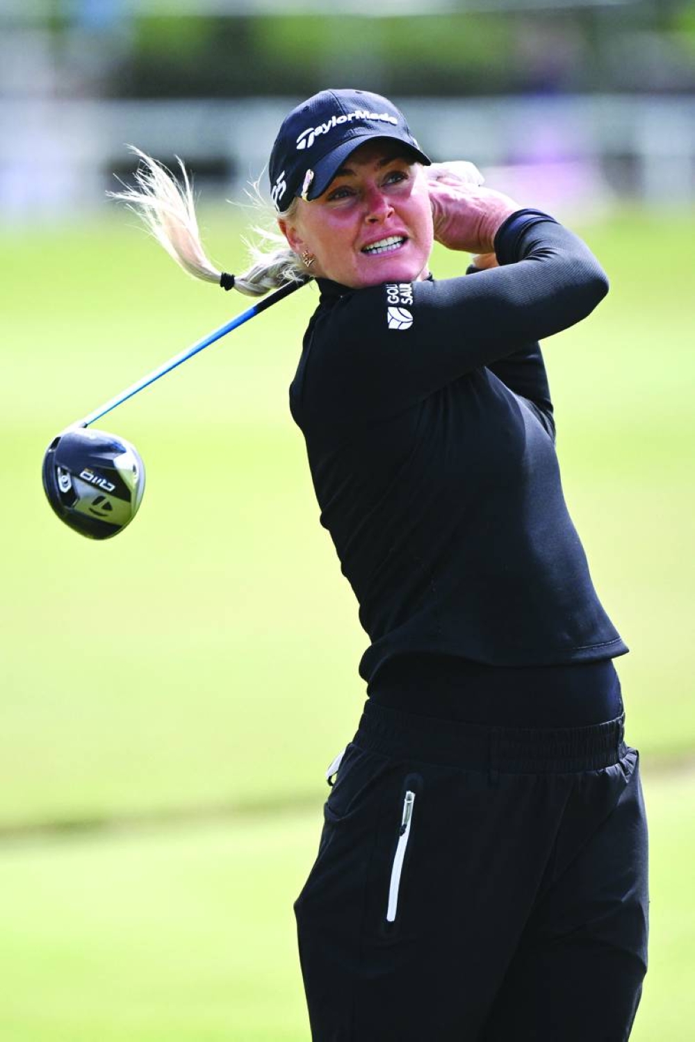 England’s Charly Hull watches her drive from the 2nd tee on the opening day of the 2024 Women’s British Open Golf Championship at St Andrews, Scotland, on Thursday. (AFP) 