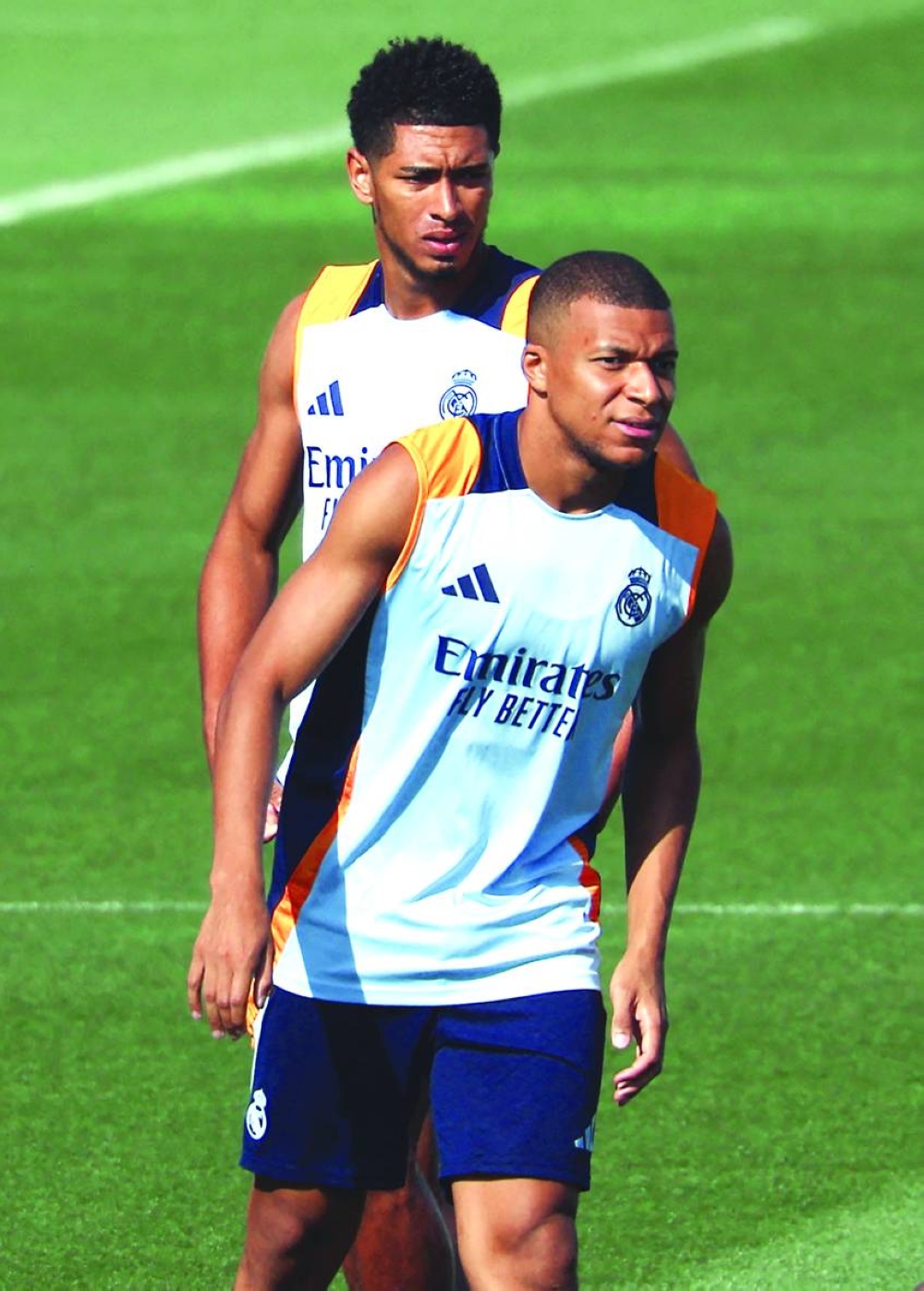 Real Madrid’s Kylian Mbappe and Jude Bellingham (left) attend a training session on Friday, ahead of their La Liga match against Real Valladolid. (AFP)