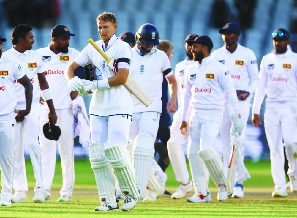 England’s Joe Root after winning the first Test against Sri Lanka at Old Trafford in Manchester on Saturday. (Reuters) 