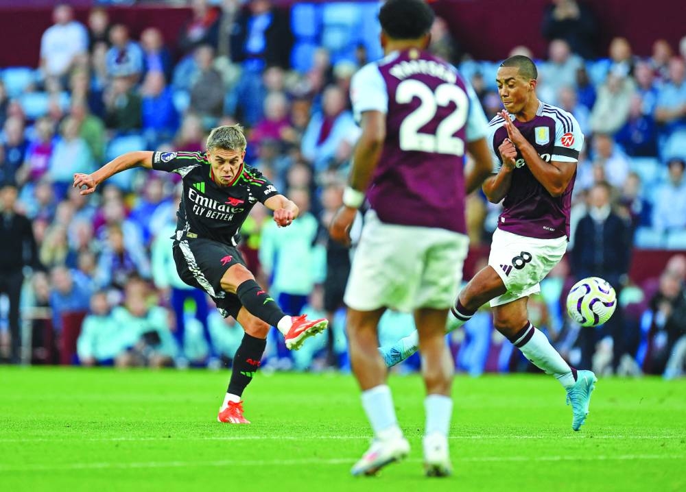 Arsenal’s Leandro Trossard scores against Aston Villa in the Premier League. (Reuters) 