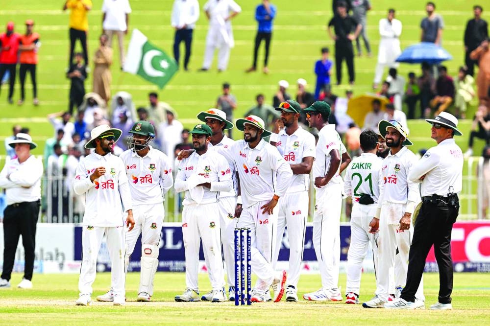 Bangladesh’s players appeal for leg before wicket (LBW) Pakistan’s Shaheen Shah Afridi (not pictured) during the fifth and final day of the first Test at the Rawalpindi Cricket Stadium in Rawalpindi on Sunday.  (AFP)