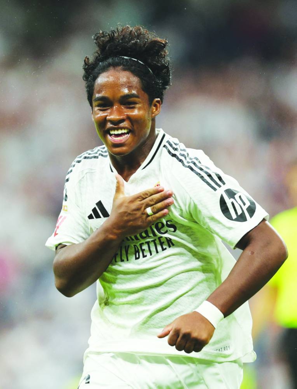 Real Madrid’s Endrick celebrates scoring a goal against Real Valladolid in Madrid on Sunday. (Reuters)