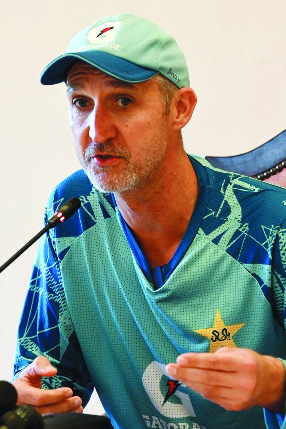 Pakistan’s cricket head coach Jason Gillespie attends a press conference in Rawalpindi on Thursday. (AFP)