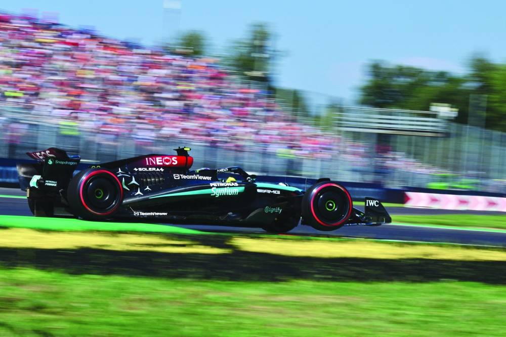 Mercedes’ British driver Lewis Hamilton drives during first practice session, ahead of the Italian Grand Prix at Autodromo Nazionale Monza circuit, in Monza, on Friday. (AFP)