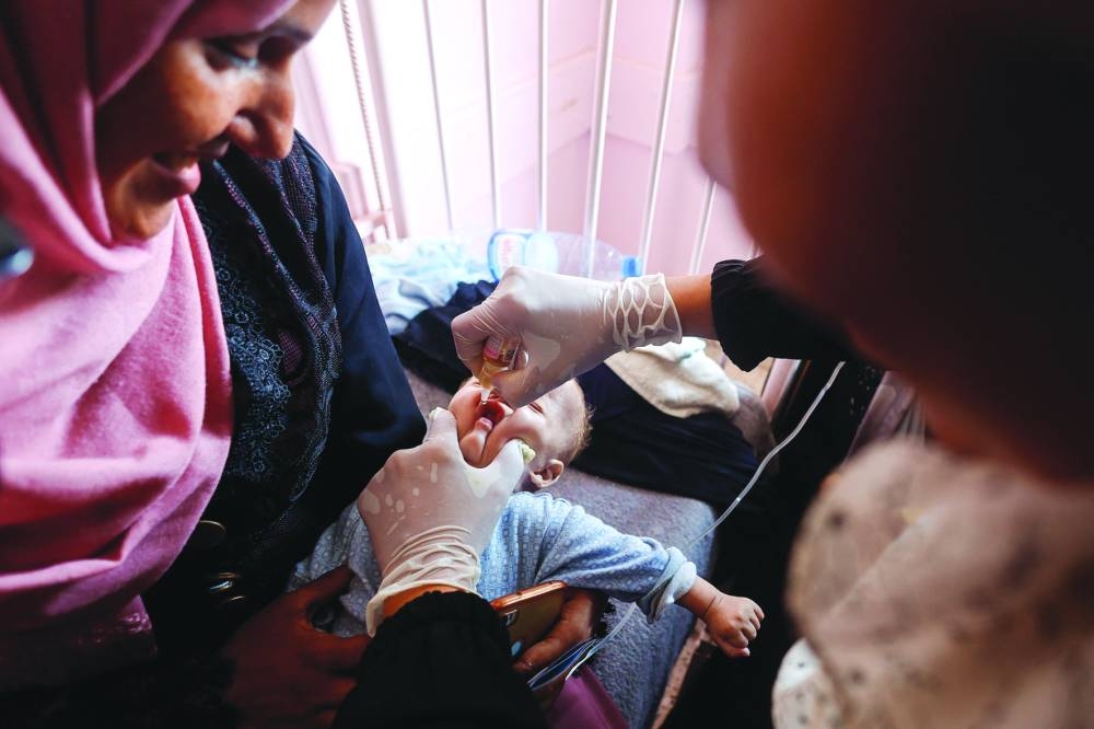 Polio vaccine drops administered to Palestinian children at the Nasser Hospital in Khan Yunis in the southern Gaza Strip.