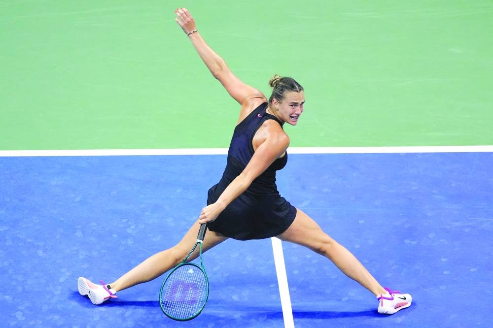 Aryna Sabalenka from Belarus in action during her match against Russia’s Ekaterina Alexandrova on Saturday. (Reuters)