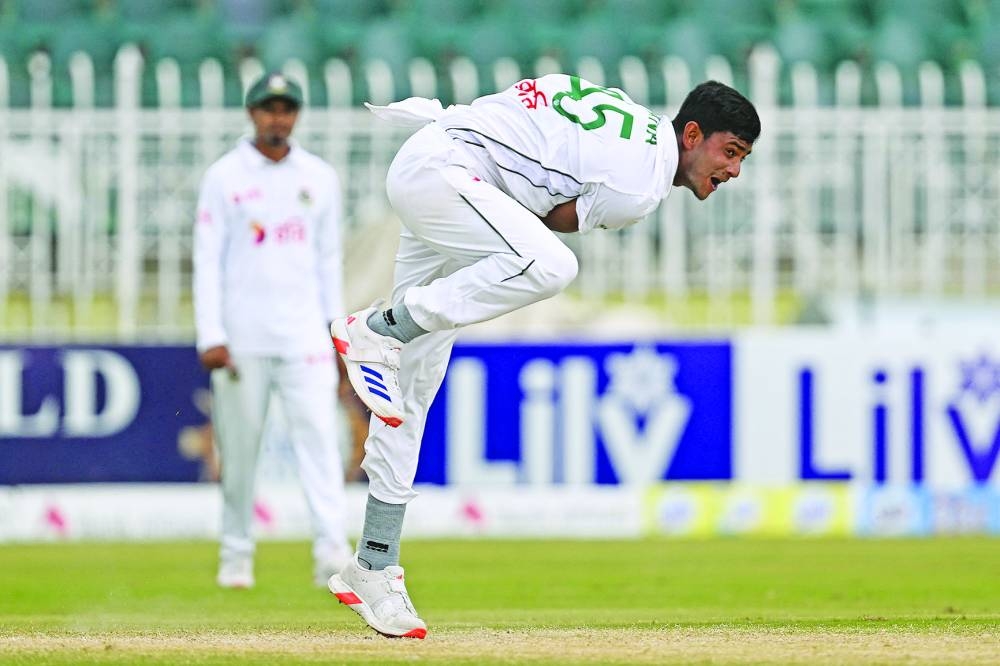 Bangladesh’s Nahid Rana bowls during the fourth day of the second and last Test against Pakistan at the Rawalpindi Cricket Stadium in Rawalpindi on Monday. (AFP)