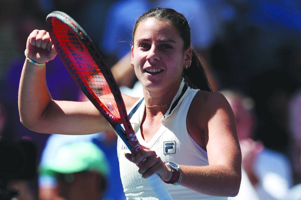 Emma Navarro of the United States celebrates after defeating Paula Badosa of Spain in the US Open quarter-final at USTA Billie Jean King National Tennis Center on Tuesday. (AFP)