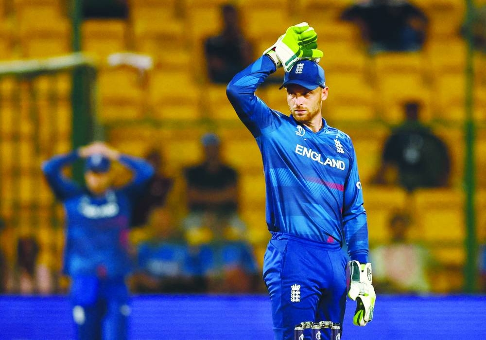 England's Jos Buttler reacts during the match against Sri Lanka on Thursday. (Reuters)