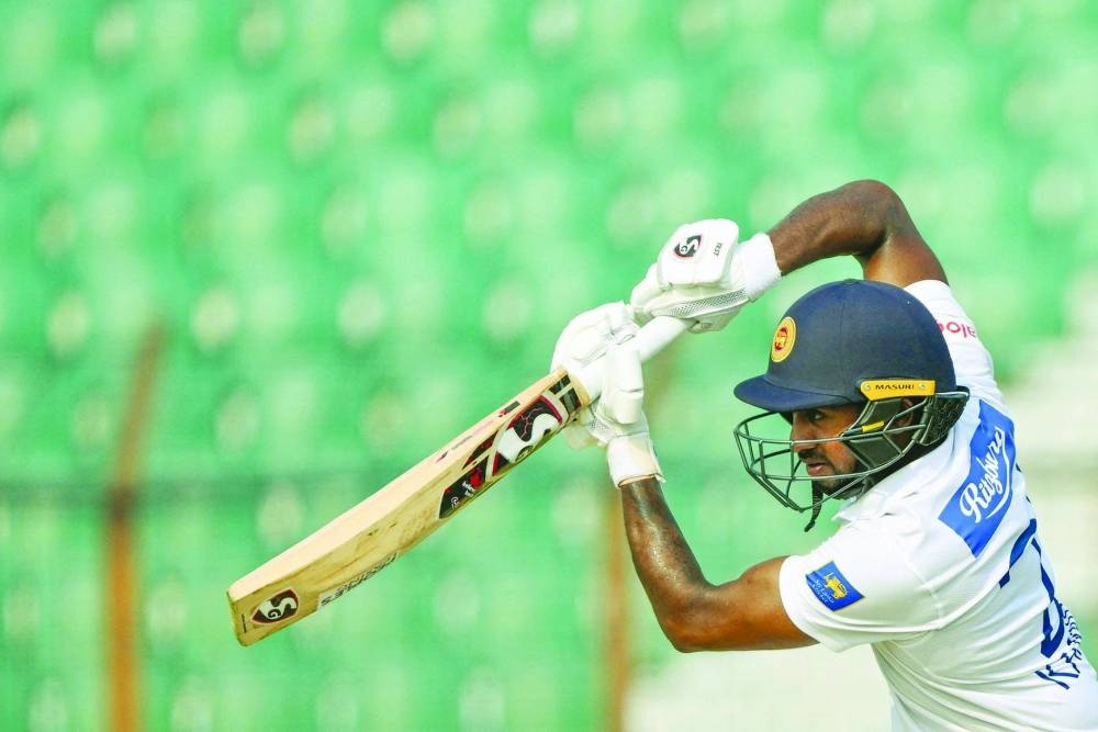 Sri Lanka’s Kamindu Mendis plays a shot during the second day of the second Test against Bangladesh at the Zahur Ahmed Chowdhury Stadium in Chittagong on Thursday. (AFP)