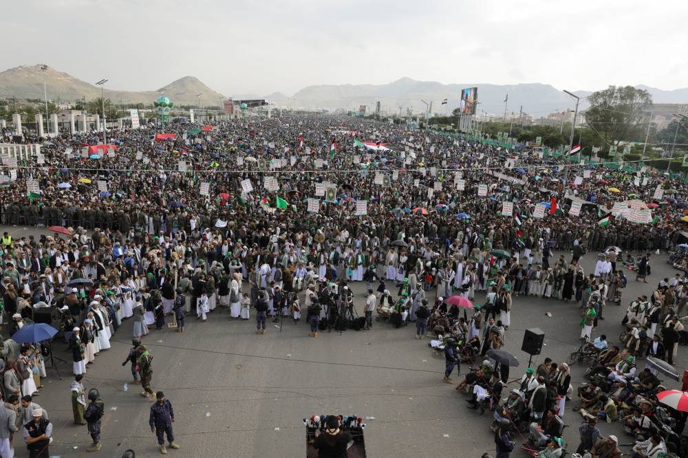 Protesters rally to show solidarity with Palestinians in the Gaza Strip, in Sanaa, Yemen Friday. REUTERS