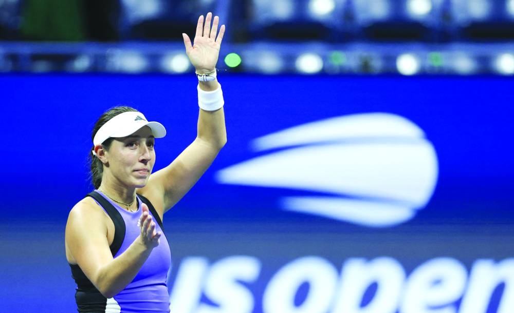 
Jessica Pegula of the US celebrates beating Karolina Muchova of the Czech Republic during their semi-final on Day Eleven of the 2024 US Open at USTA Billie Jean King National Tennis Center in the Flushing neighbourhood of the Queens borough of New York City. Right: Aryna Sabalenka of Belarus hits the ball to Emma Navarro of the US. (AFP) 