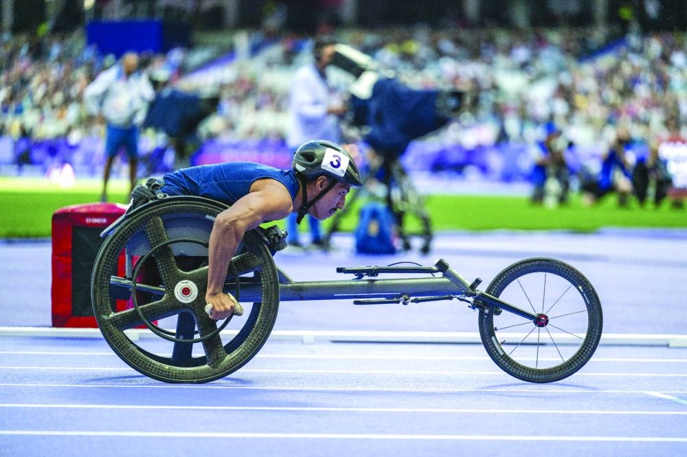 Qatar’s Ali Arshad in action during the 800m wheelchair (T34 category) heats at the Paralympic Games in Paris on Friday.