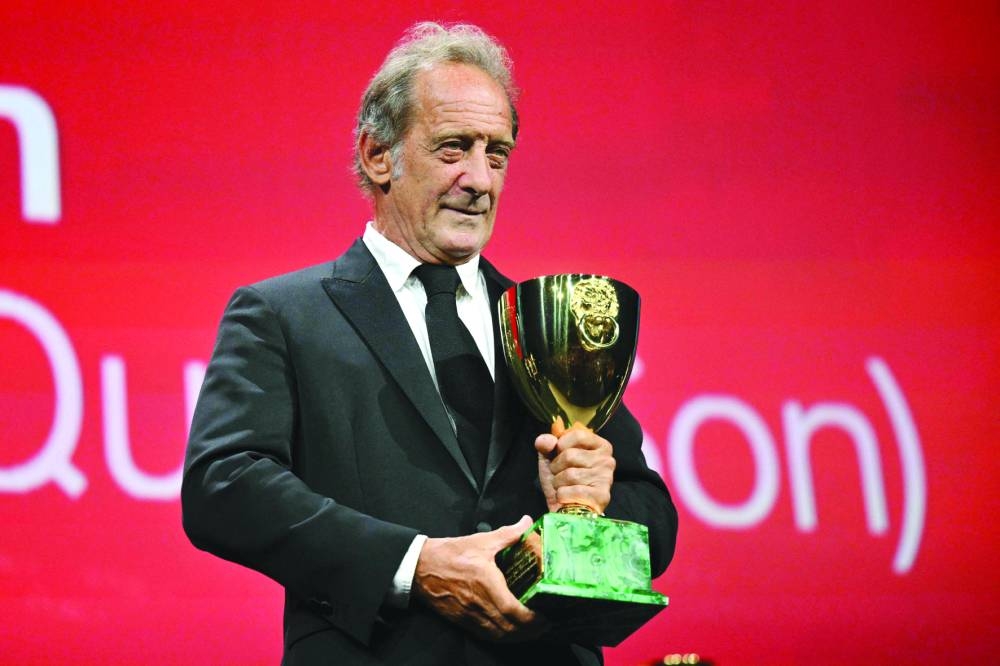  he received for 'Jouer avec le feu' (The Quiet Son) during the award ceremony of the 81st Venice Film Festival on September 7, 2024 at Venice Lido. (Photo by Alberto PIZZOLI / AFP)