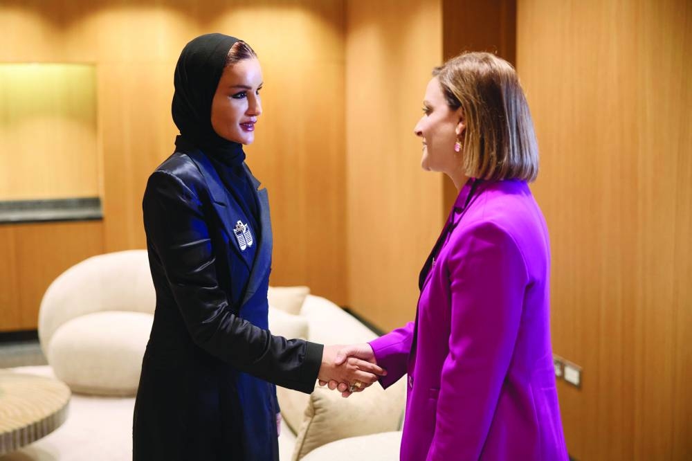 Her Highness Sheikha Moza bint Nasser meets with the First Lady of Cyprus, Philippa Karsera-Christodoulides. PICTURE: Aisha Al-Musallam