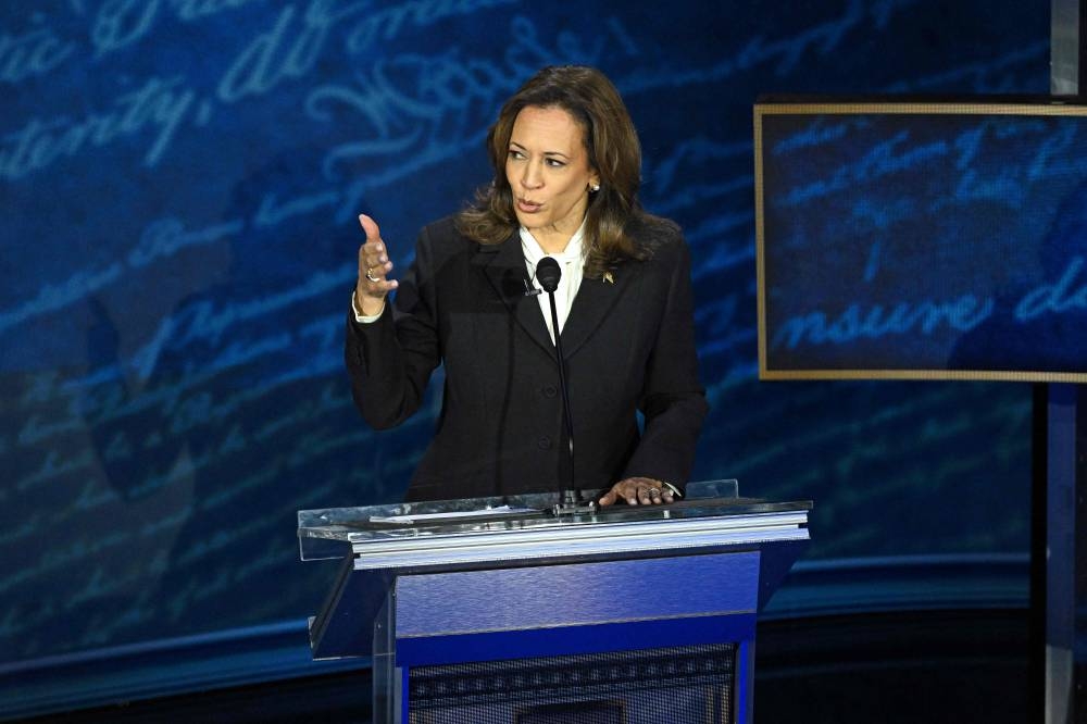 US Vice President and Democratic presidential candidate Kamala Harris speaks during a presidential debate with former US President and Republican presidential candidate Donald Trump at the National Constitution Center in Philadelphia, Pennsylvania. AFP
