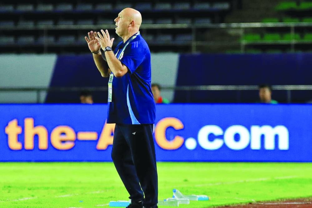 Qatar coach Marquez Lopez reacts during the World Cup qualifying match against North Korea in Vientiane, Laos, on Tuesday.