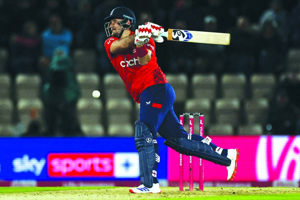 
England’s Liam Livingstone attempting to play a wide free-hit ball during the first Twenty20 International against Australia in Southampton on Wednesday night. (AFP) 
