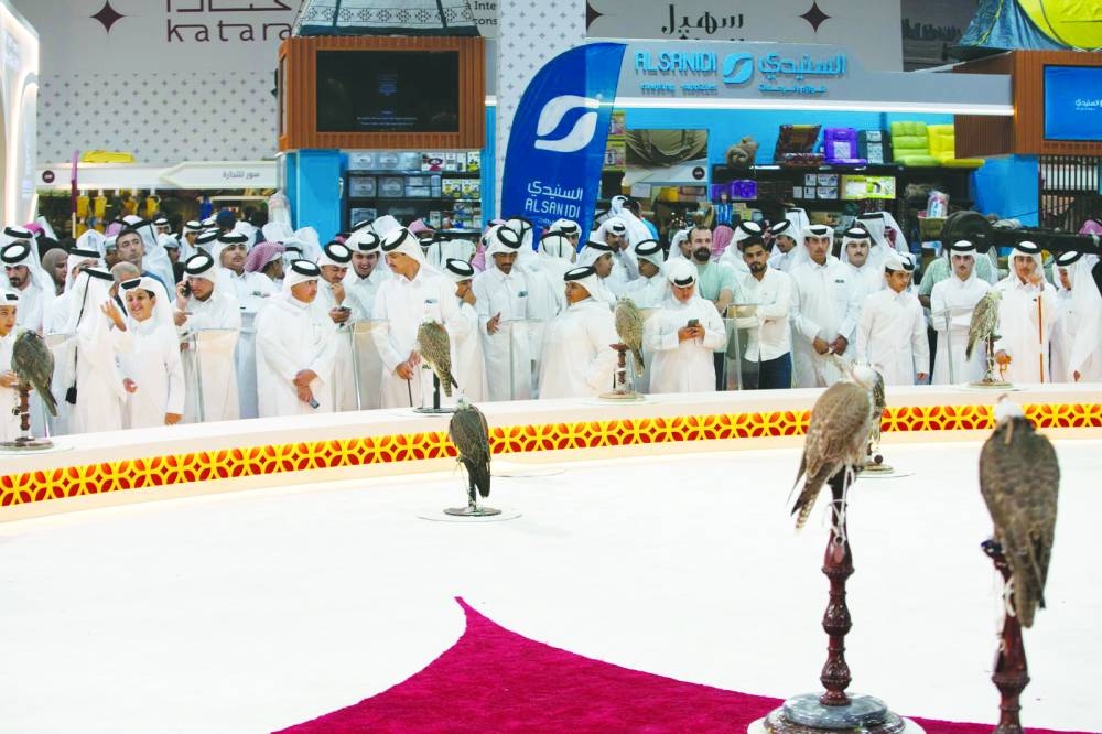 Visitors to S'hail 2024 viewing the falcons on display.