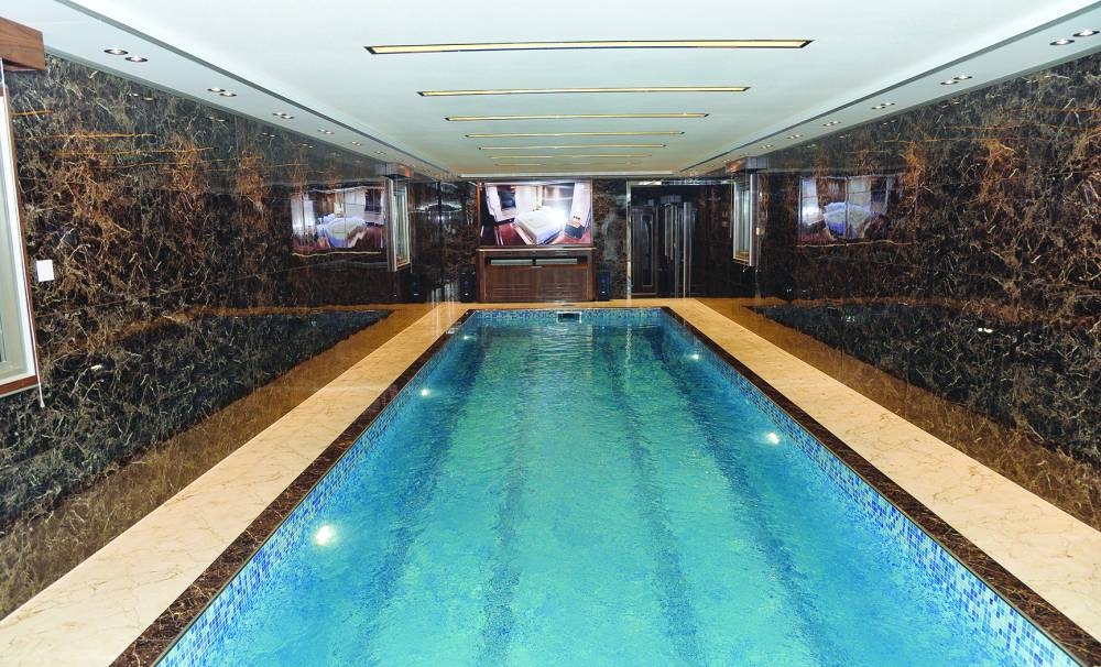 A swimming pool inside a caravan at the exhibition.