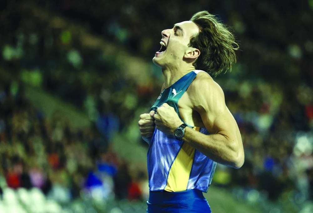 
Sweden’s Armand Duplantis reacts after winning the pole vault at the Diamond League finals in Brussels. (Reuters) 