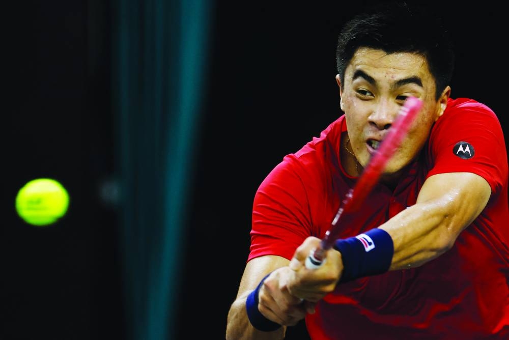 Brandon Nakashima of the US in action during his Davis Cup Group C match against Germany’s Maximilian Marterer at Hengqin International Tennis Center, Zhuhai, China, on Saturday. (Reuters)