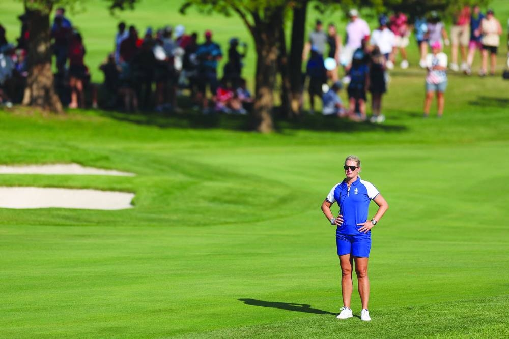 Captain for Team Europe Suzann Pettersen on the 14th hole during the Satuday Foursomes matches during the second round of the Solheim Cup 2024 at Robert Trent Jones Golf Club on September 14, 2024 in Gainesville, Virginia. (AFP)