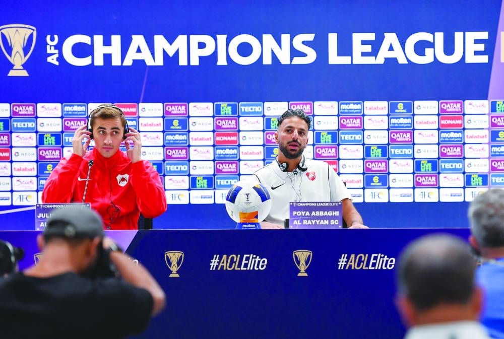 Al Rayyan coach Poya Asbaghi (right) and player Julien De Sart attend a press conference ahead of the AFC Champions League Elite match against Saudi Arabia’s Al Hilal on Monday. Pic: Noushad Thekkayil