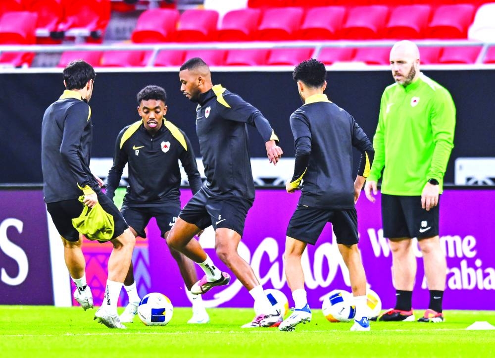 Al Rayyan players break a sweat during a team training session ahead of the AFC Champions League Elite match against Saudi Arabia’s Al Hilal at Ahmad Bin Ali Stadium in Al Rayyan, Qatar, on Monday. Pic: Noushad Thekkayil