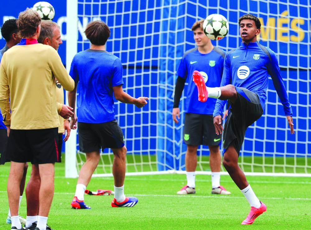 Barcelona’s Lamine Yamal at a training session on Wednesday. (AFP)