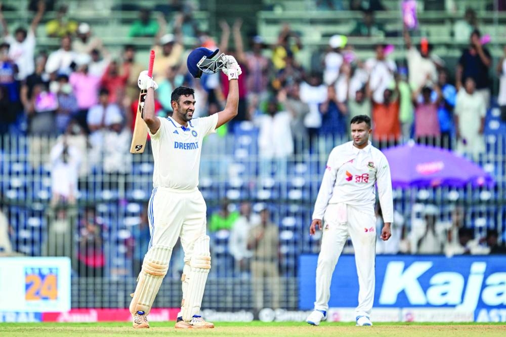 
India’s Ravichandran Ashwin celebrates after scoring a century during the first Test against Bangladesh at the MA Chidambaram Stadium in Chennai. (AFP) 