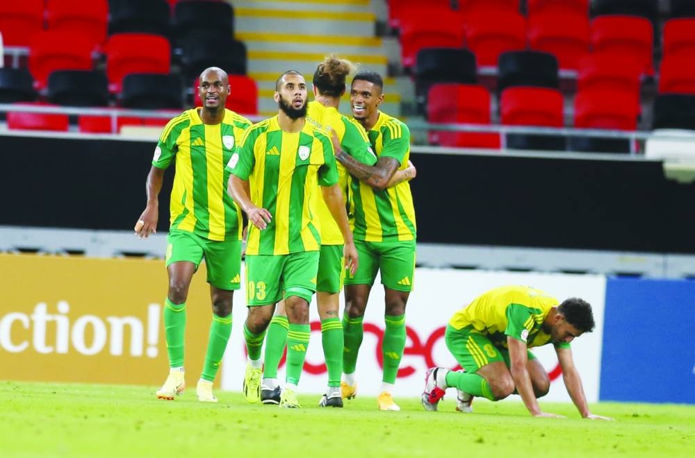 Al Wakrah’s Ricardo Gomes (right) celebrates with teammates after scoring against Al Rayyan at the Ahmad Bin Ali Stadium on Sunday.
