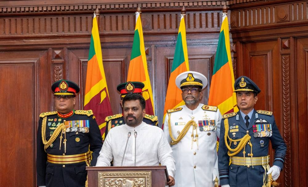 Sri Lanka's newly elected President Anura Kumara Dissanayake addresses a gathering after taking his oath of office at the Presidential Secretariat, in Colombo, Sri Lanka, on Monday. Sri Lanka President Media/Handout via REUTERS