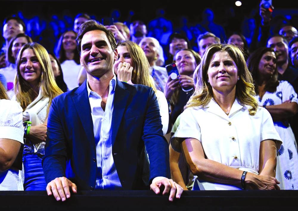 
Former tennis player Roger Federer with his wife Mirka Federer react during the trophy presentation of the Laver Cup in Berlin. (Reuters) 