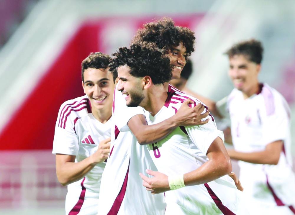 Qatar players celebrate after scoring a goal during the AFC U-20 Asian Cup 2025 Qualifiers Group J match against Singapore at the Abdullah Bin Khalifa Stadium on Wednesday.