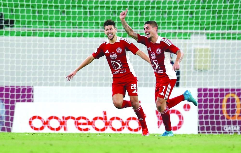 Al Arabi’s Marco Verratti (right) celebrates with Yousef Msakni after scoring the winner against Al Rayyan at the Al Thumama Stadium on Thursday.