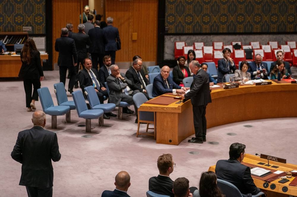 Attendees walk out of the United Nations Security Council meeting as Israel's Ambassador to the United Nations Danny Danon begins his speech on the escalation in fighting in Lebanon between Israel and Hezbollah during the United Nations General Assembly at UN headquarters in New York, on Wednesday. REUTERS