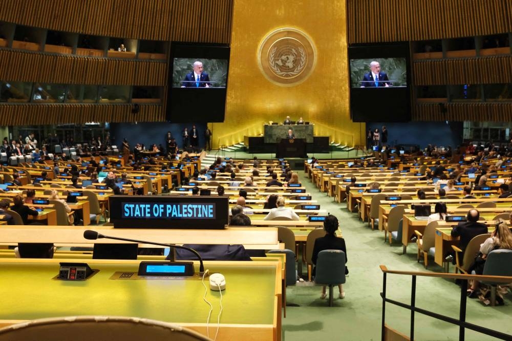 Israeli Prime Minister Benjamin Netanyahu speaks during the 79th Session of the United Nations General Assembly at the United Nations headquarters in New York City on Friday. Delegates representing Lebanon, Iran, the Palestinians and others exited the room as Netanyahu took the rostrum for his speech. AFP