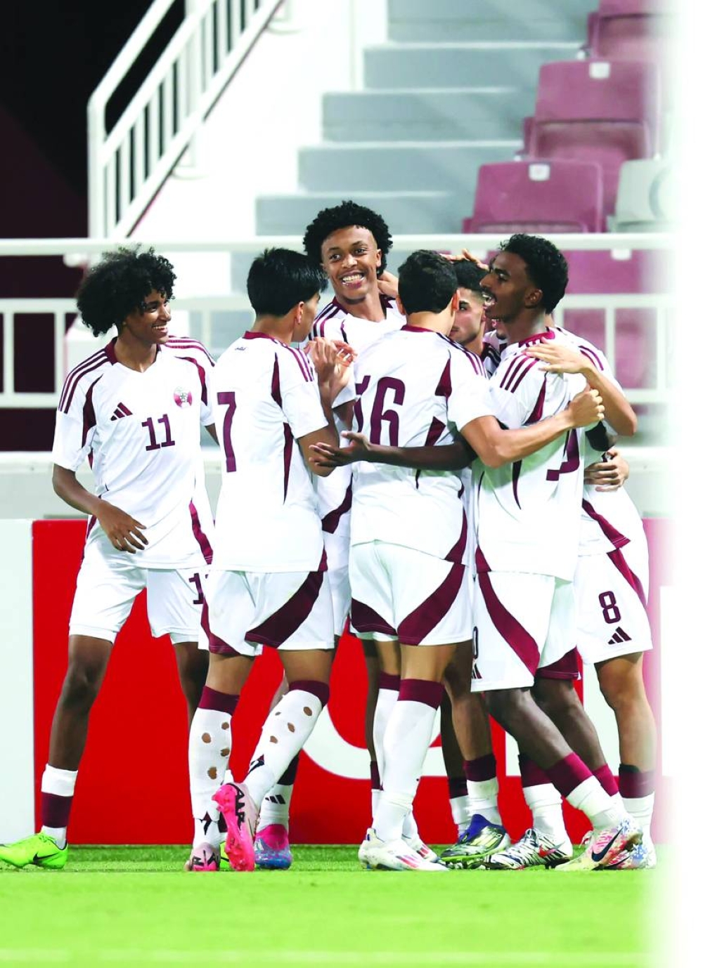 Qatar players celebrate a goal against Hong Kong in their AFC U20 Asian Cup qualifying match at Abdullah Bin Khalifa Stadium on Friday. Qatar won 2-0 for their second successive victory in the qualifiers. 