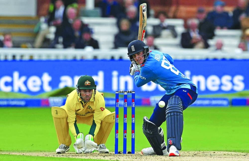 
England’s Harry Brook plays a shot for four runs during the fourth One Day International against Australia at Lord’s in London on Friday. England won by 186 runs. (AFP) 