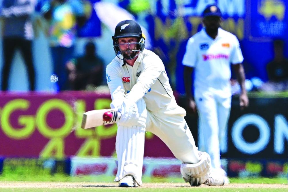 New Zealand’s Devon Conway plays a shot during the third day of the second Test in Galle on Saturday. (AFP)