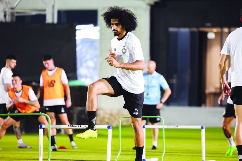 
Al Sadd striker Akram Afif during a team training session in Doha yesterday. Al Sadd host Iranian side Esteghlal at the Jassim Bin Hamad Stadium today. 