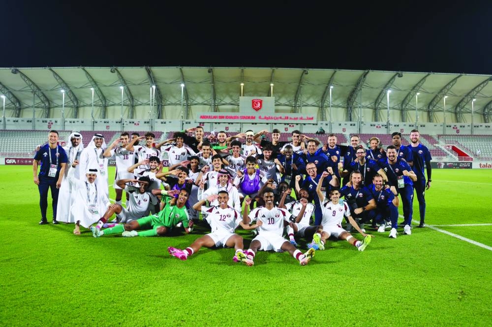 Qatar players celebrate beating Jordan 3-2 in their Group J match of the AFC U20 Asian Cup qualifying tournament at Abdullah Bin Khalifa Stadium yesterday. Qatar, unbeaten in Group J, have qualified for next year’s AFC U20 Asian Cup to be played in China.